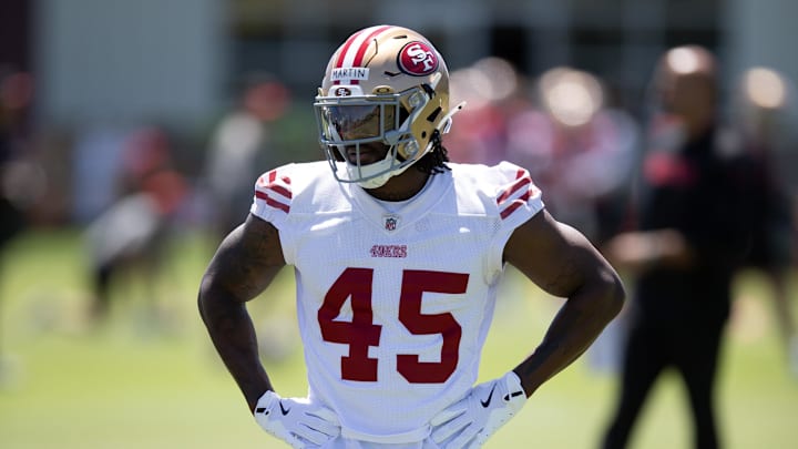May 9, 2025; Santa Clara, CA, USA; San Francisco 49ers third-round draft pick Nick Martin (45) works out with his teammates during the teamís rookie minicamp. Mandatory Credit: D. Ross Cameron-Imagn Images