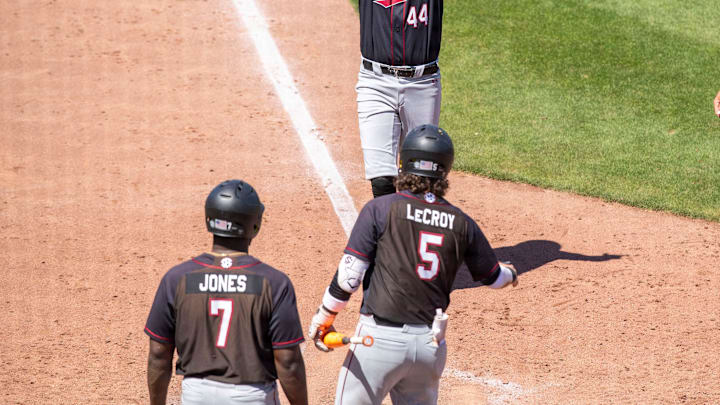 Gamecocks catcher Dalton Reeves (44) with a two run homer in the top of the ninth inning against Florida. The Gators beat the South Carolina 11-9 at Condron Family Ballpark in Gainesville, Florida, Sunday, April 14, 2024. [Cyndi Chambers/ Gainesville Sun] 2024