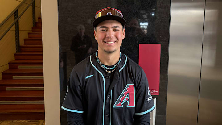Arizona Diamondbacks infield prospect Demetrio Crisantes poses for a picture prior to the Spring Breakout game against the Kansas City Royals prospect at Salt River Fields, March 14, 2025 Arizona Diamondbacks infield prospect Demetrio Crisantes poses for a picture prior to the Spring Breakout game against the Kansas City Royals prospect at Salt River Fields, March 14, 2025