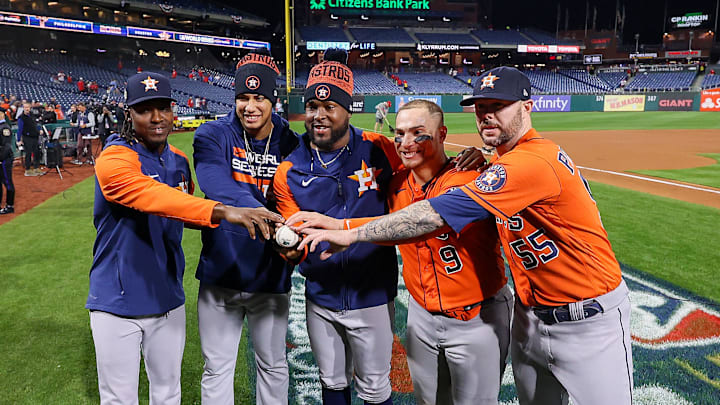 Houston Astros relief pitcher Rafael Montero, relief pitcher Bryan Abreu, starting pitcher Cristian Javier, catcher Christian Vazquez (9) and relief pitcher Ryan Pressly pose for a photo after throwing a combined no-hitter in a victory over the Philadelphia Phillies in game four of the 2022 World Series.