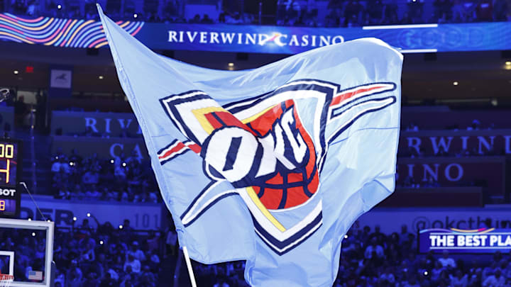 Mar 29, 2024; Oklahoma City, Oklahoma, USA; Oklahoma City Thunder mascot Rumble the Bison waves a giant flag during time out against the Phoenix Suns during the second half at Paycom Center. Mandatory Credit: Alonzo Adams-USA TODAY Sports Mar 29, 2024; Oklahoma City, Oklahoma, USA; Oklahoma City Thunder mascot Rumble the Bison waves a giant flag during time out against the Phoenix Suns during the second half at Paycom Center. Mandatory Credit: Alonzo Adams-USA TODAY Sports