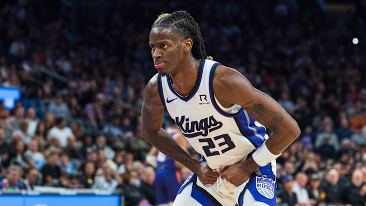 Nov 10, 2024; Phoenix, Arizona, USA; Sacramento Kings guard Keon Ellis (23) reacts as he defends on an inbound pass during a game against the Phoenix Suns at Footprint Center. Mandatory Credit: Allan Henry-Imagn Images