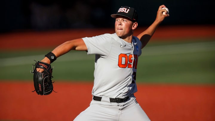 Oregon State pitcher Ethan Kleinschmit (24) throws a pitch during the NCAA Super Regional against Florida State at Goss Stadium on Saturday, June 7, 2025 in Corvallis.
