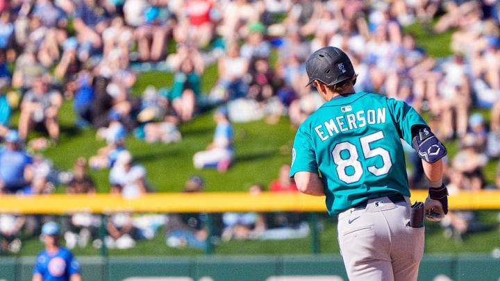 Seattle Mariners infielder Colt Emerson (85) hits a home run in the top of the ninth during a spring training game against the Chicago Cubs at Sloan Park on March 8. Seattle Mariners infielder Colt Emerson (85) hits a home run in the top of the ninth during a spring training game against the Chicago Cubs at Sloan Park on March 8.