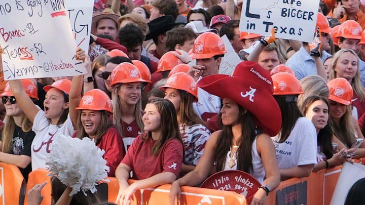 College GameDay was on campus at the University of Alabama for the matchup between the Alabama Crimson Tide and the Texas Longhorns Saturday, Sept. 9, 2023. Fans hold signs in the background of the GameDay set demonstrating their feelings about the game.