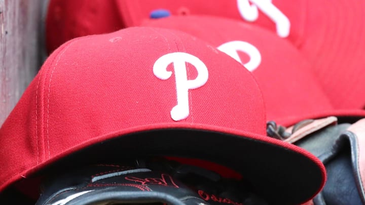 Jul 12, 2018; Baltimore, MD, USA; Philadelphia Phillies hats await use during a game against the Baltimore Orioles at Oriole Park at Camden Yards. Mandatory Credit: Mitch Stringer-Imagn Images