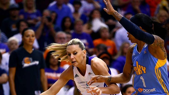 Sep 7, 2014; Phoenix, AZ, USA; Phoenix Mercury forward Penny Taylor (13) against the Chicago Sky during game one of the WNBA Finals at US Airways Center. The Mercury defeated the Sky 83-62. Mandatory Credit: Mark J. Rebilas-Imagn Images
