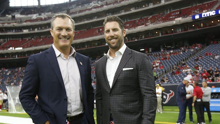 San Francisco 49ers general manager John Lynch (L) and assistant GM Adam Peters (R)