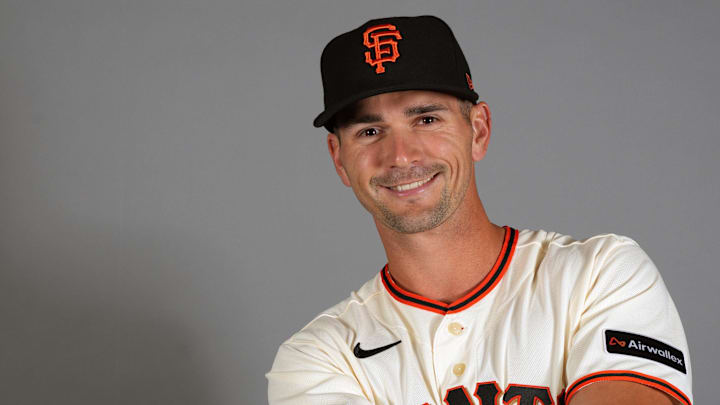 Feb 19, 2026; Scottsdale, AZ, USA; San Francisco Giants outfielder Jared Oliva (56) poses during Photo Day at Scottsdale Stadium. Mandatory Credit: Rick Scuteri-Imagn Images