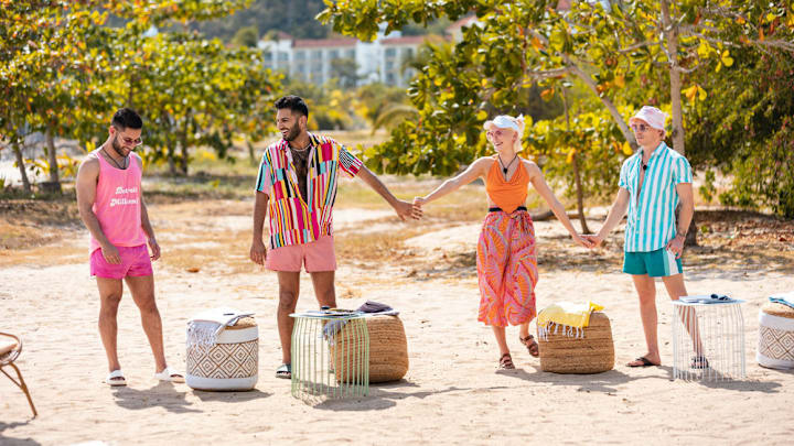 COUPLE TO THROUPLE -- "Chemistry" Episode 101 -- Pictured: (l-r) Rehman, Ashmal, Corey, Wilder -- (Photo by: Paul Castillero/PEACOCK)