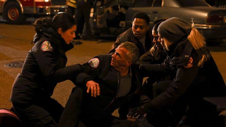 CHICAGO FIRE -- "Barely Gone" Episode 12001 -- Pictured: (l-r) Hanako Greensmith as Violet Mikami, David Eigenberg as Christopher Herrmann, Daniel Kyri as Darren Ritter, Miranda Rae Mayo as Stella Kidd, Kara Killmer as Sylvie Brett -- (Photo by: Adrian S Burrows Sr/NBC)