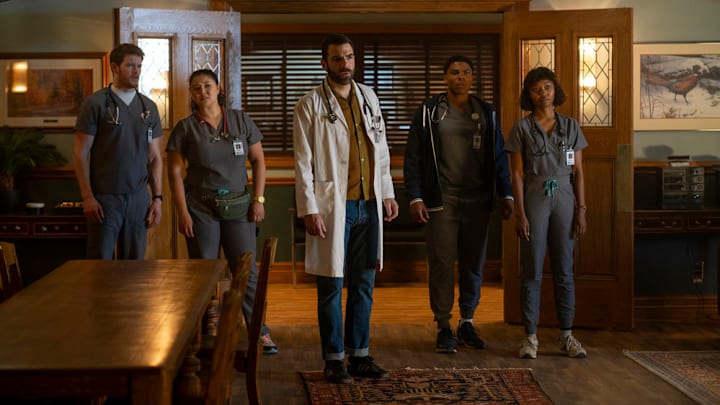 BRILLIANT MINDS -- "The Girl Who Cried Pregnant" Episode 106 -- Pictured: (l-r) Alex MacNicoll as Dr. Van Markus, Aury Krebs as Dr. Dana Dang, Zachary Quinto as Dr. Oliver Wolf, Spence Moore II as Jacob Nash, Ashleigh LaThrop as Ericka Kinney