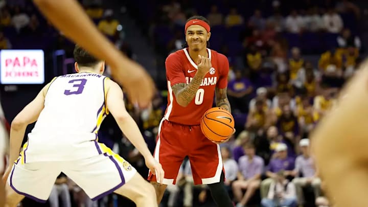 Alabama guard Labaron Philon (0) in action against LSU at Pete Maravich Assembly Center in Baton Rouge, LA on Saturday, Feb 21, 2026.