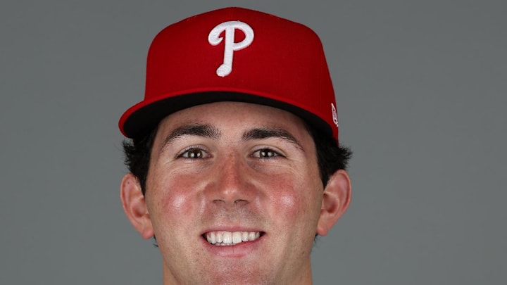 Philadelphia Phillies pitcher Andrew Painter (76) participates in media day at BayCare Ballpark in 2025. 