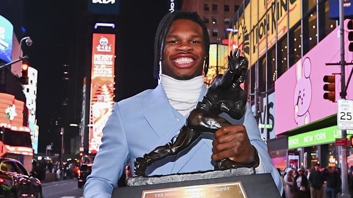 Dec 14, 2024; New York, NY, USA; Colorado Buffaloes wide receiver/cornerback Travis Hunter after winning the 2024 Heisman Trophy. 