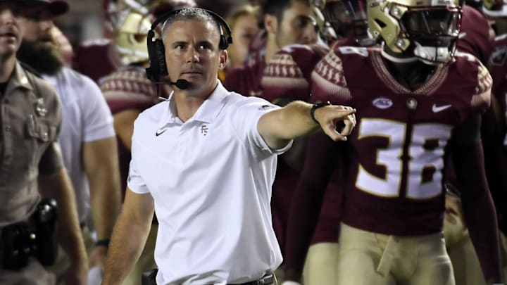 Sep 5, 2021; Tallahassee, Florida, USA; Florida State Seminoles head coach Mike Norvell during the game against the Notre Dame Fighting Irish at Doak S. Campbell Stadium. Mandatory Credit: Melina Myers-Imagn Images Sep 5, 2021; Tallahassee, Florida, USA; Florida State Seminoles head coach Mike Norvell during the game against the Notre Dame Fighting Irish at Doak S. Campbell Stadium. Mandatory Credit: Melina Myers-Imagn Images