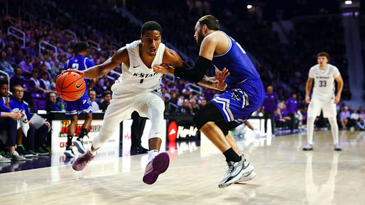 David N'Guessan (1) drives in against a defender in Kansas State's season opener against the New Orleans Privateers Nov. 5, 2024 in Manhattan, Kansas at Bramlage Coliseum. Arne Green/Topeka Capital-Journal