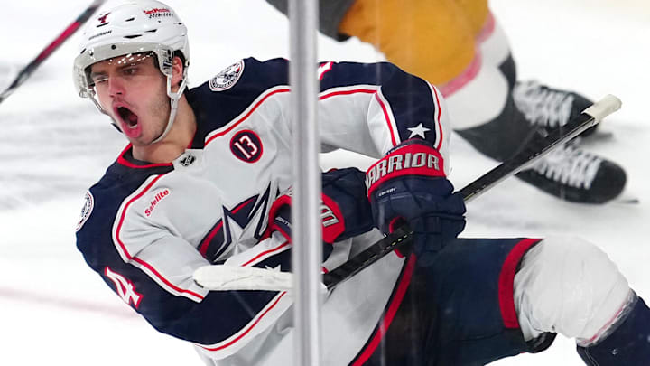 Jan 30, 2025; Las Vegas, Nevada, USA; Columbus Blue Jackets center Cole Sillinger (4) celebrates after scoring a goal against the Vegas Golden Knights during an overtime period at T-Mobile Arena. Mandatory Credit: Stephen R. Sylvanie-Imagn Images