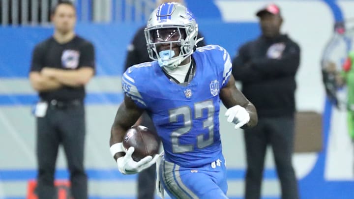 Detroit Lions defender Jerry Jacobs (23) intercepts a pass by Carolina Panthers quarterback Bryce Young (9) during first-half action at Ford Field in Detroit on Sunday, Oct, 8, 2023. Detroit Lions defender Jerry Jacobs (23) intercepts a pass by Carolina Panthers quarterback Bryce Young (9) during first-half action at Ford Field in Detroit on Sunday, Oct, 8, 2023.