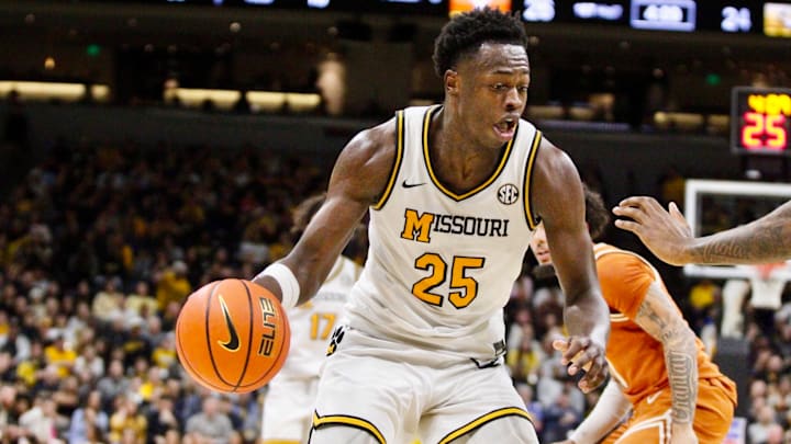 Mizzou Arena, February 14, 2026. Missouri Tigers forward Mark Mitchell (25) drives in the paint during a game against the Texas Longhorns at Mizzou Arena.