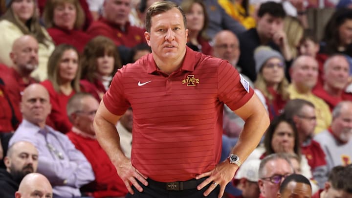 Jan 29, 2026; Ames, Iowa, USA; Iowa State Cyclones head coach T.J. Otzelberger watches his team play the Colorado Buffaloes during the second half at James H. Hilton Coliseum.