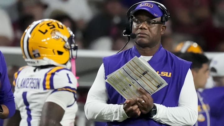 Nov 8, 2025; Tuscaloosa, Alabama, USA;  LSU interim head coach Frank Wilson watches his team perform against Alabama at Saban Field at Bryant-Denny Stadium. Mandatory Credit: Gary Cosby Jr.-Imagn Images