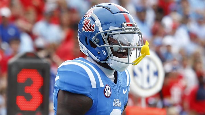 Sep 28, 2024; Oxford, Mississippi, USA; Mississippi Rebels defensive back Trey Amos (9) reacts after a pass breakup during the first half against the Kentucky Wildcats at Vaught-Hemingway Stadium. Mandatory Credit: Petre Thomas-Imagn Images