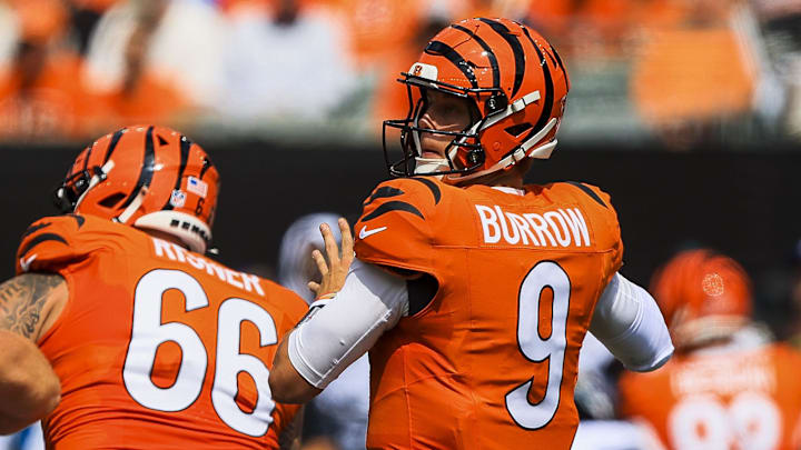 Sep 14, 2025; Cincinnati, Ohio, USA; Cincinnati Bengals quarterback Joe Burrow (9) throws a pass against the Jacksonville Jaguars in the first half at Paycor Stadium. Mandatory Credit: Katie Stratman-Imagn Images
