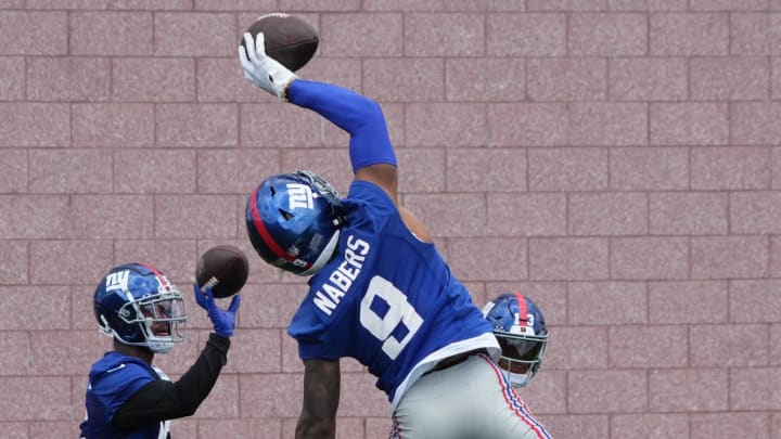 East Rutherford, NJ -- June 11, 2024 -- Wide receiver, Malik Nabers at the NY Giants Mandatory Minicamp at their practice facility in East Rutherford, NJ.