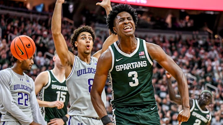 Michigan State's Cam Ward celebrates after a score and a Northwestern foul during the second half on Thursday, Jan. 8, 2026, at the Breslin Center in East Lansing.
