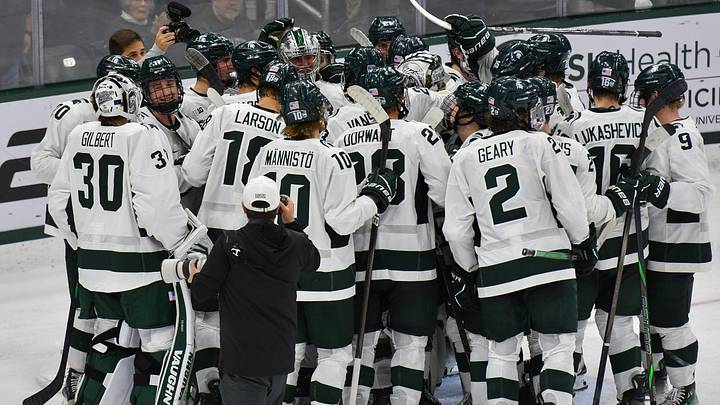 Members of the Michigan State Spartans hockey team celebrate their 4-3 win over Boston College, Saturday, Oct. 12, 2024, at Munn Ice Arena in East Lansing. Members of the Michigan State Spartans hockey team celebrate their 4-3 win over Boston College, Saturday, Oct. 12, 2024, at Munn Ice Arena in East Lansing.