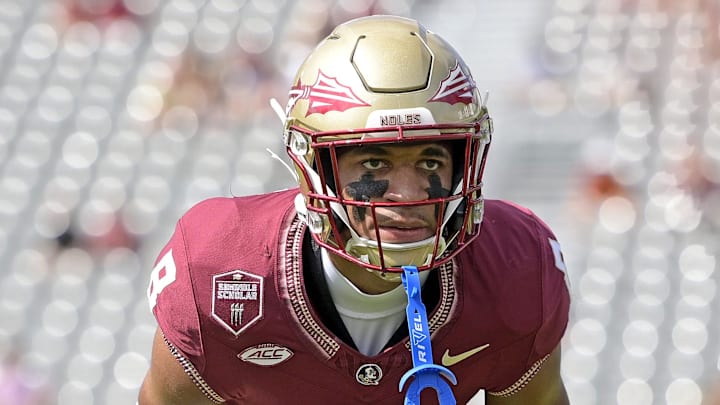 Sep 14, 2024; Tallahassee, Florida, USA; Florida State Seminoles defensive back Azareye'h Thomas (8) warms up before a game against the Memphis Tigers at Doak S. Campbell Stadium. Mandatory Credit: Melina Myers-Imagn Images