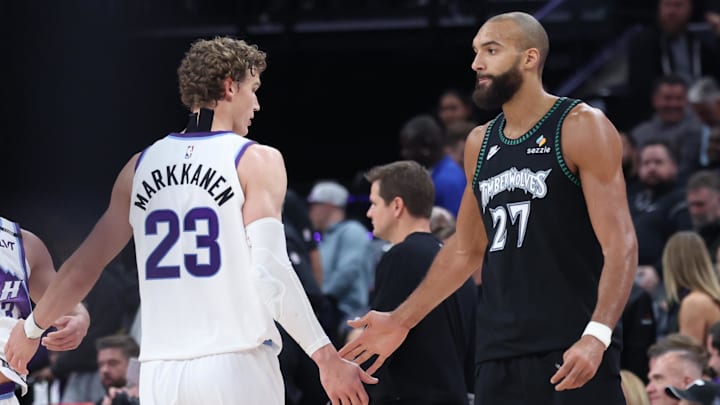 Nov 10, 2025; Salt Lake City, Utah, USA; Utah Jazz forward Lauri Markkanen (23) and Minnesota Timberwolves center Rudy Gobert (27) shake hands after the game at Delta Center. Mandatory Credit: Rob Gray-Imagn Images Nov 10, 2025; Salt Lake City, Utah, USA; Utah Jazz forward Lauri Markkanen (23) and Minnesota Timberwolves center Rudy Gobert (27) shake hands after the game at Delta Center. Mandatory Credit: Rob Gray-Imagn Images