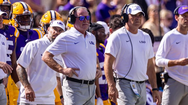 Sep 21, 2024; Baton Rouge, Louisiana, USA; LSU Tigers head coach Brian Kelly looks on during the first half against the UCLA Bruins at Tiger Stadium. Mandatory Credit: Stephen Lew-Imagn Images Sep 21, 2024; Baton Rouge, Louisiana, USA; LSU Tigers head coach Brian Kelly looks on during the first half against the UCLA Bruins at Tiger Stadium. Mandatory Credit: Stephen Lew-Imagn Images