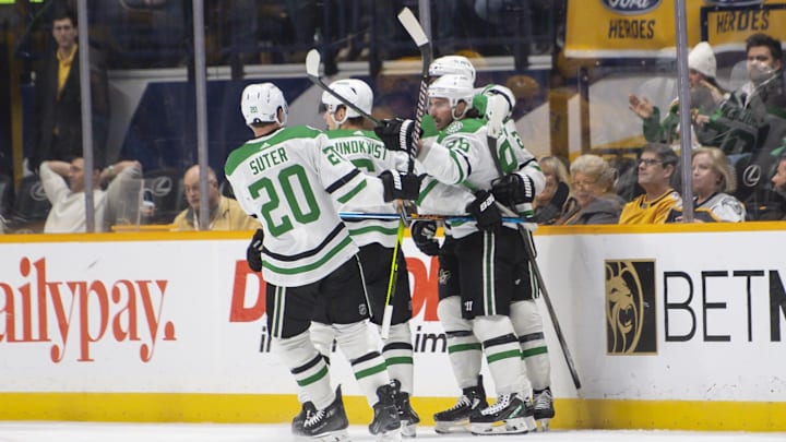 Feb 15, 2024; Nashville, Tennessee, USA; Dallas Stars center Matt Duchene (95) celebrates his goal