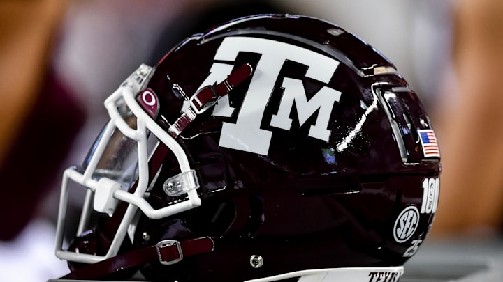 Sep 4, 2021;  College Station, Texas, USA;  Texas A&M Aggies helmet on the sideline of the game