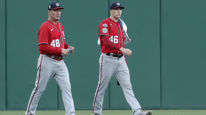 Sep 11, 2023; Pittsburgh, Pennsylvania, USA;  Washington Nationals pitching coach Jim Hickey (48)