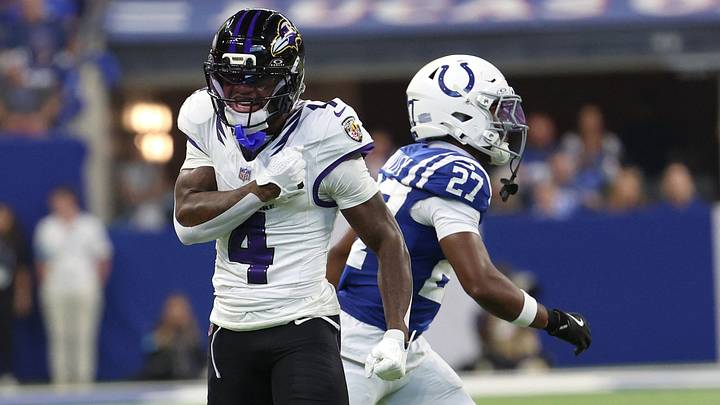 Sep 13, 2026; Indianapolis, Indiana, USA; Baltimore Ravens wide receiver Zay Flowers (4) celebrates a catch over Indianapolis Colts cornerback Justin Walley (27) at Lucas Oil Stadium. Mandatory Credit: Trevor Ruszkowski-Imagn Images Sep 13, 2026; Indianapolis, Indiana, USA; Baltimore Ravens wide receiver Zay Flowers (4) celebrates a catch over Indianapolis Colts cornerback Justin Walley (27) at Lucas Oil Stadium. Mandatory Credit: Trevor Ruszkowski-Imagn Images