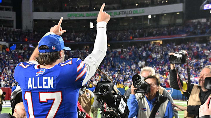 Sep 7, 2025; Orchard Park, New York, USA; Bills quarterback Josh Allen (17) celebrates Matt Prater's field goal to win against the Baltimore Ravens at Highmark Stadium.