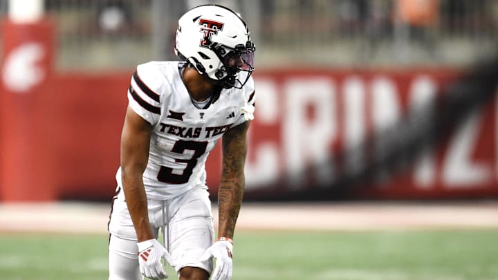 Sep 7, 2024; Pullman, Washington, USA; Texas Tech Red Raiders wide receiver Josh Kelly (3) comes set for a play against the Washington State Cougars in the second half at Gesa Field at Martin Stadium. Washington State Cougars won 37-16. Mandatory Credit: James Snook-Imagn Images