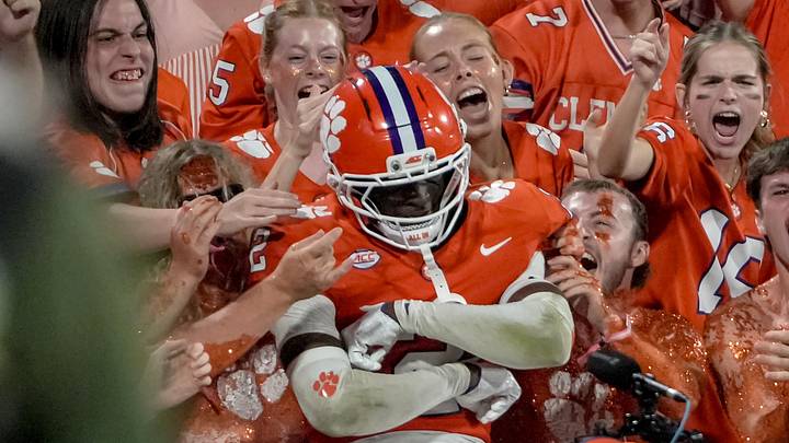 Clemson corner back Ashton Hampton (2) jumps in the student section after making a defensive play against Georgia Southern University during the third quarter at Memorial Stadium Saturday, September 12, 2026. Clemson corner back Ashton Hampton (2) jumps in the student section after making a defensive play against Georgia Southern University during the third quarter at Memorial Stadium Saturday, September 12, 2026.