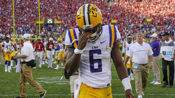 Sep 3, 2016; Green Bay, WI, USA;  LSU Tigers quarterback Brandon Harris (6) walks off the field after the Wisconsin Badgers defeated LSU 16-14 at Lambeau Field. Mandatory Credit: Benny Sieu-Imagn Images