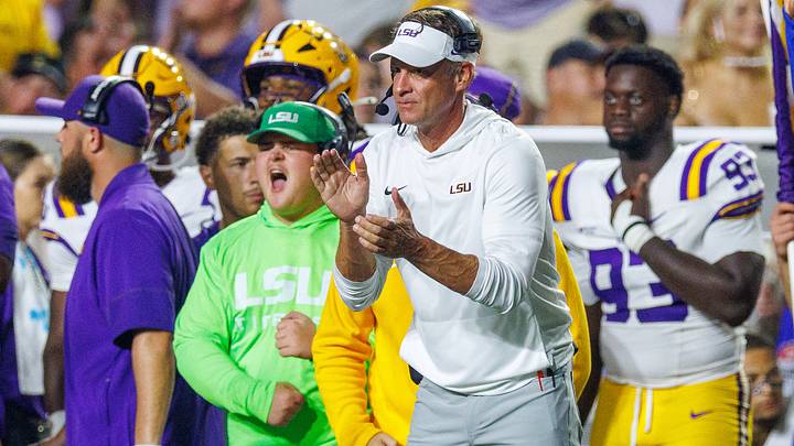 Sep 5, 2026; Baton Rouge, Louisiana, USA;  LSU Tigers head coach Lane Kiffin reacts to a play against Clemson Tigers during the second half at Tiger Stadium.  Mandatory Credit: Stephen Lew-Imagn Images