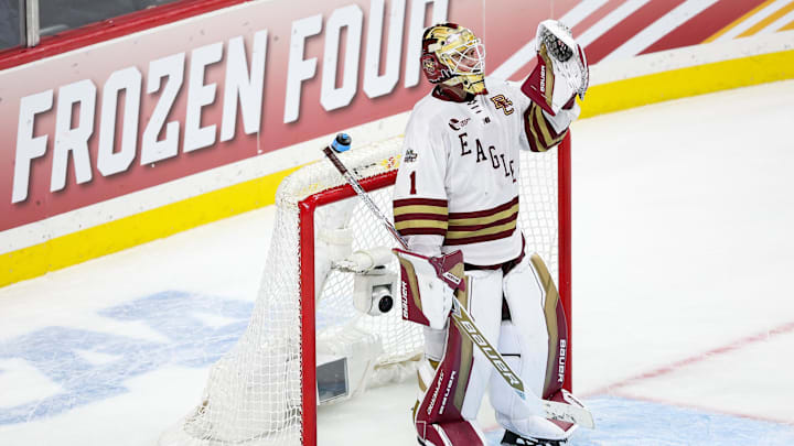 Apr 11, 2024; Saint Paul, Minnesota, USA; Boston College Eagles goaltender Jacob Fowler (1) celebrates the win against the Michigan Wolverines after the semifinals of the 2024 Frozen Four college ice hockey tournament at Xcel Energy Center. Mandatory Credit: Matt Krohn-Imagn Images