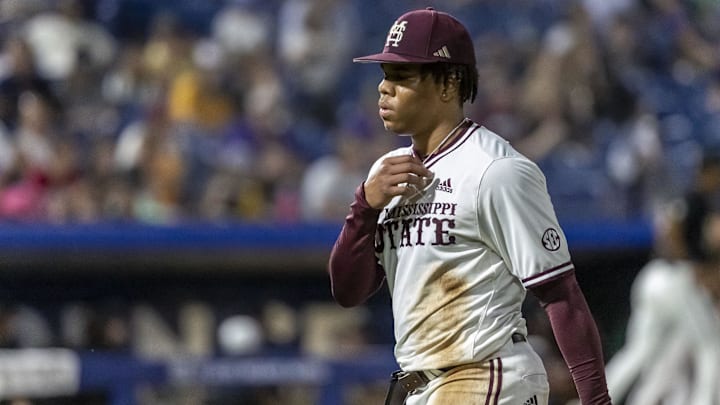 Mississippi State pitcher Jurrangelo Cijntje is pictured during an SEC Tournament game against Vanderbilt on May 23, 2024, at Hoover Metropolitan Stadium.