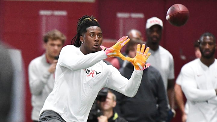 Mar 20, 2024; Tuscaloosa, Alabama, USA; Alabama defensive back Kool-Aid McKinstry runs a drill at