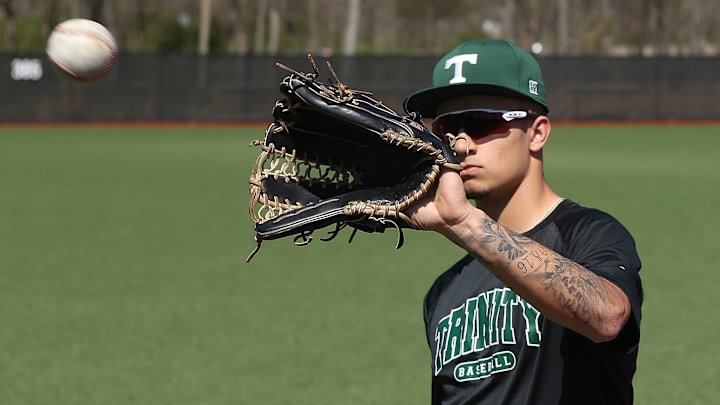 Trinity's Korbyn Dickerson warms up at their field on Ten Pin Lane Thursday afternoon. April 14, 2022Dickerson 03 Trinity's Korbyn Dickerson warms up at their field on Ten Pin Lane Thursday afternoon. April 14, 2022Dickerson 03