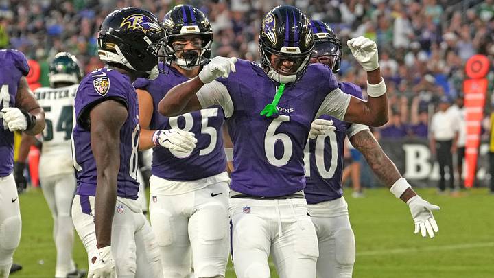 Aug 15, 2026; Baltimore, Maryland, USA; Baltimore Ravens wide receiver Ja’Kobi Lane (6) is greeted by teammates after his touchdown catch during the second quarter against the Philadelphia Eagles at M&T Bank Stadium. Mandatory Credit: Mitch Stringer-Imagn Images Aug 15, 2026; Baltimore, Maryland, USA; Baltimore Ravens wide receiver Ja’Kobi Lane (6) is greeted by teammates after his touchdown catch during the second quarter against the Philadelphia Eagles at M&T Bank Stadium. Mandatory Credit: Mitch Stringer-Imagn Images