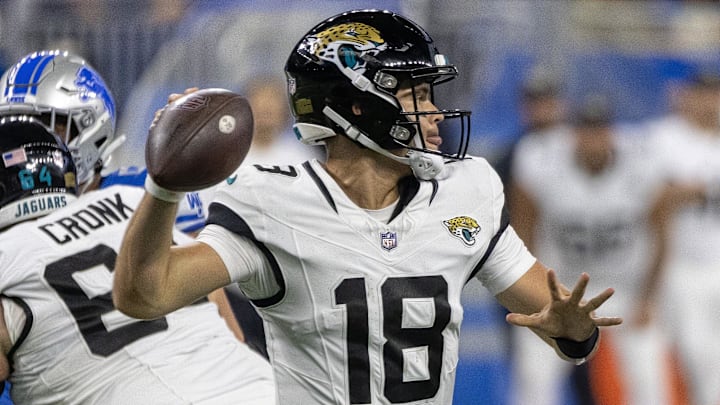 Aug 19, 2023; Detroit, Michigan, USA; Jacksonville Jaguars quarterback Nathan Rourke (18) throws the