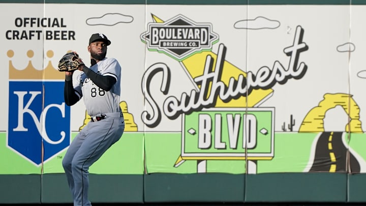 May 8, 2023; Kansas City, Missouri, USA; Chicago White Sox center fielder Luis Robert Jr. (88) fields a fly ball against the Kansas City Royals during a game at Kauffman Stadium. Mandatory Credit: Denny Medley-USA TODAY Sports May 8, 2023; Kansas City, Missouri, USA; Chicago White Sox center fielder Luis Robert Jr. (88) fields a fly ball against the Kansas City Royals during a game at Kauffman Stadium. Mandatory Credit: Denny Medley-USA TODAY Sports